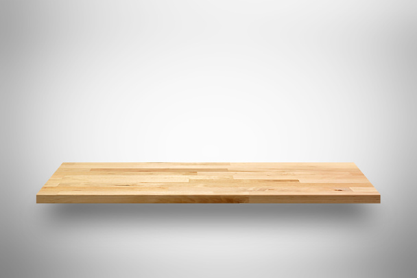 Prateleira de parede de madeira vazia no fundo cinza claro
 - Foto, Imagem