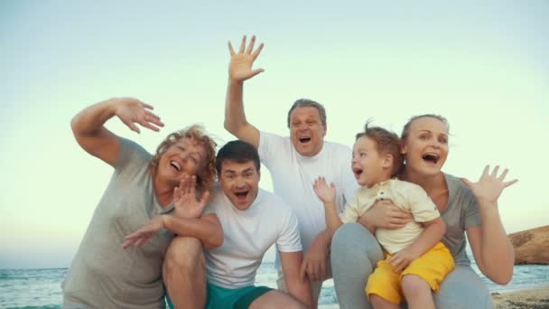Μεγάλη ευτυχισμένη οικογένεια κουνώντας τα χέρια - Πλάνα, βίντεο