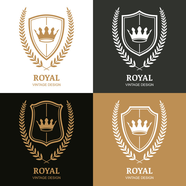 Set of vector vintage logo design template. Crown, shield and la - Vektori, kuva