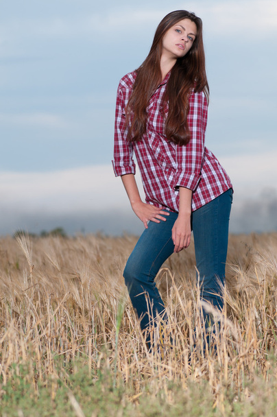 Beautiful cowboy woman posing in field - Fotoğraf, Görsel