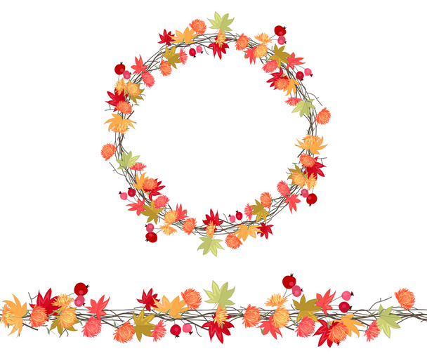 Round season wreath with autumn leaves, asters and twigs  isolated on white. - Vector, imagen