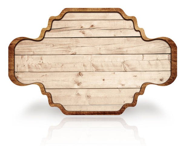 Bruin houten sierlijke uithangbord, reflectie op wit, donkere frame en licht planken - Foto, afbeelding