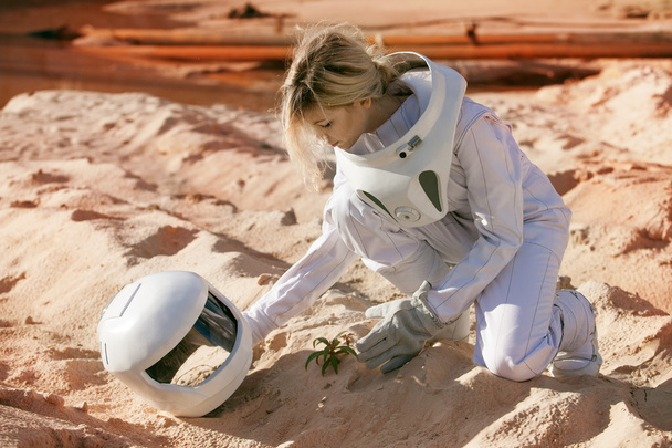 Grow plants on Mars, futuristic astronaut without a helmet,  another planet, image with the effect of toning - Foto, imagen