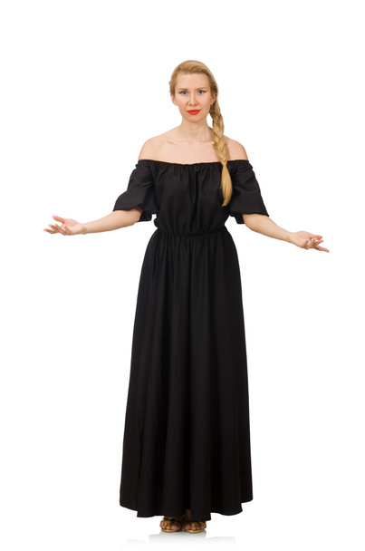 Lang vrouw in lange zwarte jurk geïsoleerd op wit - Foto, afbeelding