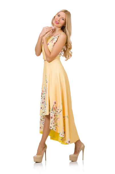 Blond girl in charming dress with flower prints isolated on whit - Foto, afbeelding