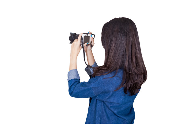 femme voyageur portant robe bleue comme photographe, prendre une photo wi
 - Photo, image