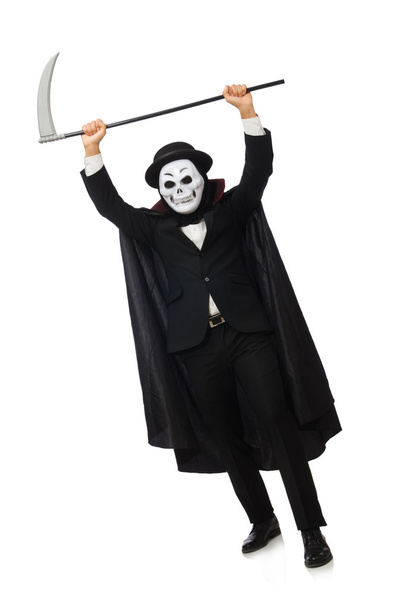 Man met eng masker geïsoleerd op wit - Foto, afbeelding