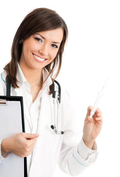 Doctor with syringe and clipboard, over white - Foto, Bild