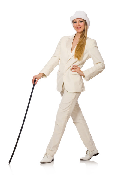 Blonde fille aux cheveux avec bâton de marche isolé sur blanc
 - Photo, image