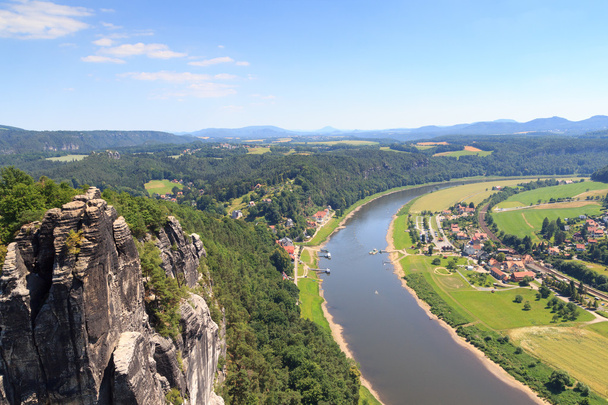 Panorama view from rocks Bastei to river Elbe and Rathen, Saxon Switzerland - Фото, зображення