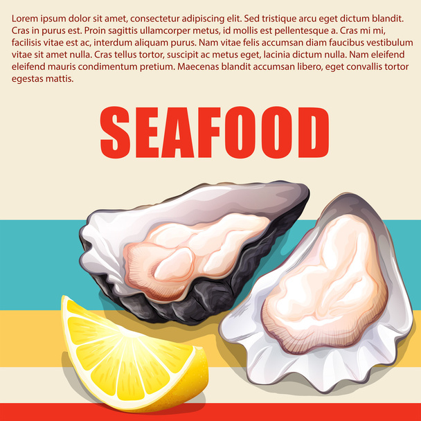 Oysters and lemon on seafood poster - Vector, Image