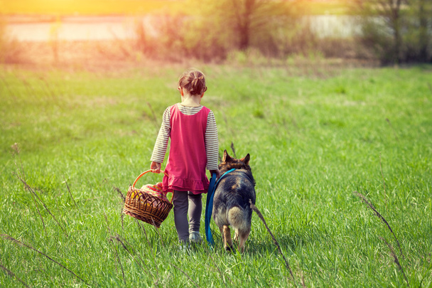Little girl walking with dog - Photo, Image