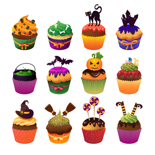 Happy Halloween cupcake set Scary sweets to celebrate - Vektor, kép