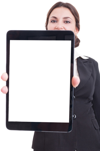 Geschäftsfrau zeigt Tablet mit weißem oder leerem Display - Foto, Bild