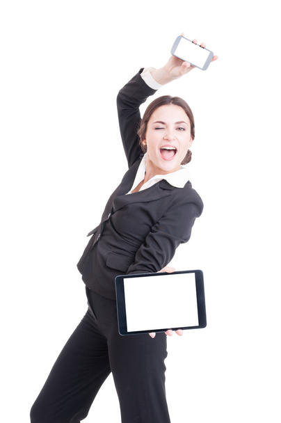 Crazy happy sales woman showing modern technology devices - Foto, Imagem