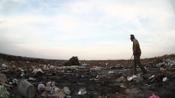 zrzutu bezrobotnych bezdomnych brudne patrząc odpadów spożywczych w człowieka składowisko społecznego wideo - Materiał filmowy, wideo