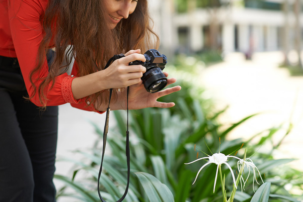 Woman photographing flower - Photo, Image