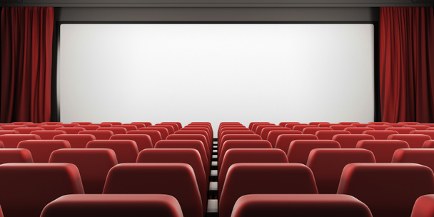 Kinoleinwand mit roten Sitzen und offenem Vorhang. 3d. - Foto, Bild