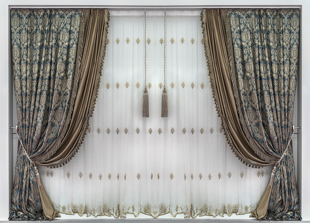Cortinas e as cortinas com o ornamento floral
 - Foto, Imagem