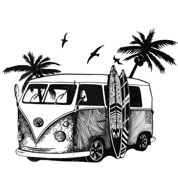 Voiture de surf, illustration de surf, illusion de surf des Caraïbes, planches de surf vintage
 - Vecteur, image