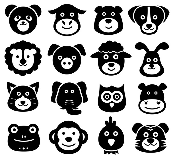 Állati arcok, állati ikonok, sziluettek, Állatkert, természetvédelmi - Vektor, kép