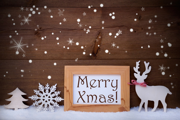 White Decoration On Snow, Merry Xmas, Sparkling Stars - Foto, Bild