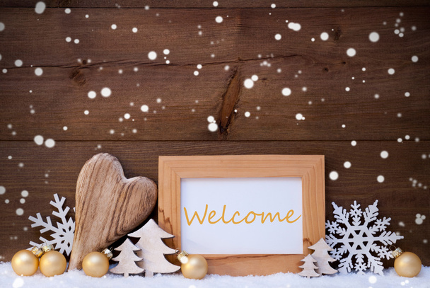 Golden Christmas Decoration, Snow, Welcome, Snowflakes - Fotoğraf, Görsel