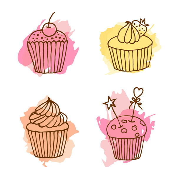 Vector cupcake illustration. Set of 4 hand drawn cupcakes with colorful splashes. - Vector, Image