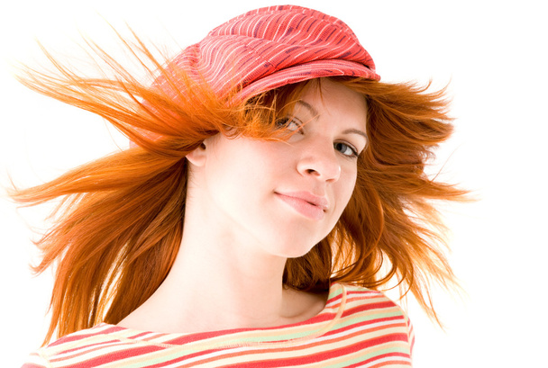 Redhead girl in striped hat - Foto, Imagen