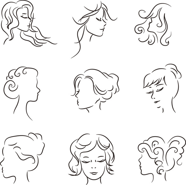 Silhouetten von Köpfen von Mädchen mit schöner Frisur. Konzept - Vektor, Bild