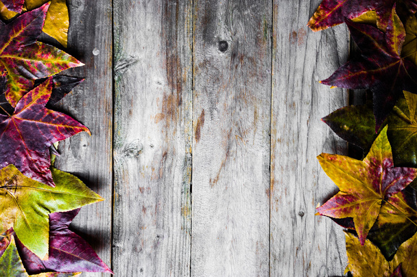 Autumn colorful leaves on rustic wooden background - Photo, Image