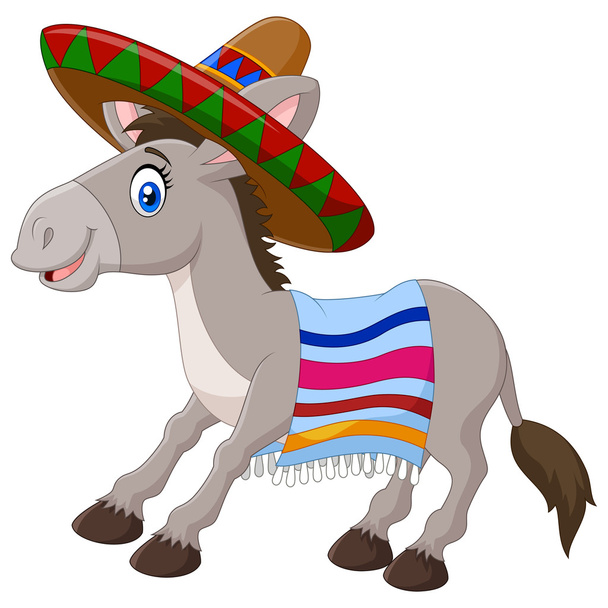 Mexican donkey wearing a sombrero and a colorful blanket. isolated on white background - Vettoriali, immagini