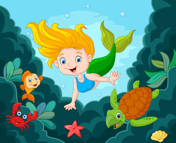 Kleine Meerjungfrau mit Meerestieren - Vektor, Bild
