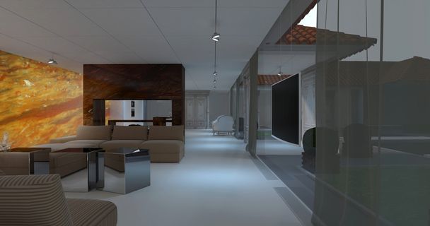 3D-Darstellung. Innenraum einer modernen Wohnung, leeres Wohnzimmer mit großen Fenstern. Leuchtwand aus Onyx - Foto, Bild