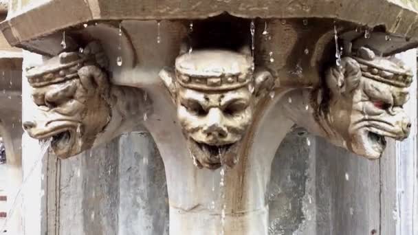 Oude fontein. Druppels van de waterstroming beneden de gezichten van de sculpturen. - Video