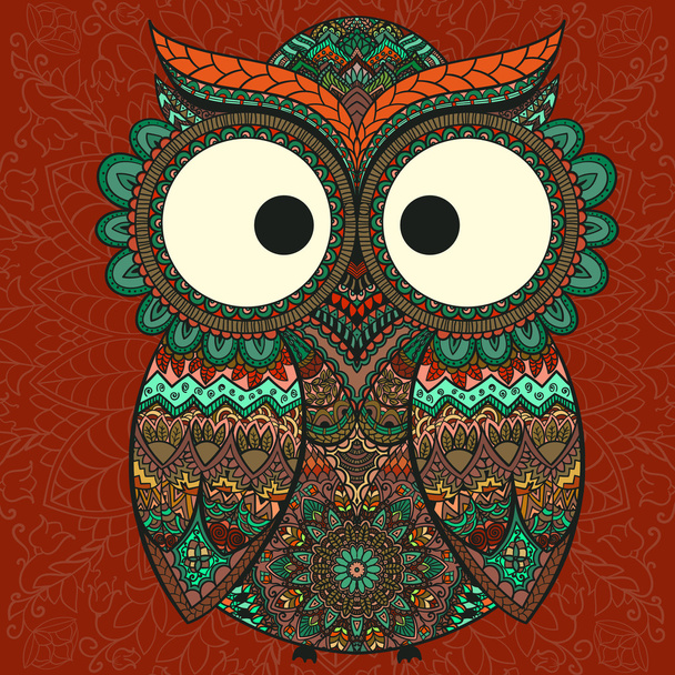 Ornamental owl on the patterned background. - Διάνυσμα, εικόνα