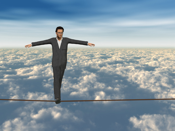 Conceptual concept of 3D businessman or man in crisis walking in balance on rope above  clouds sky background - Photo, Image