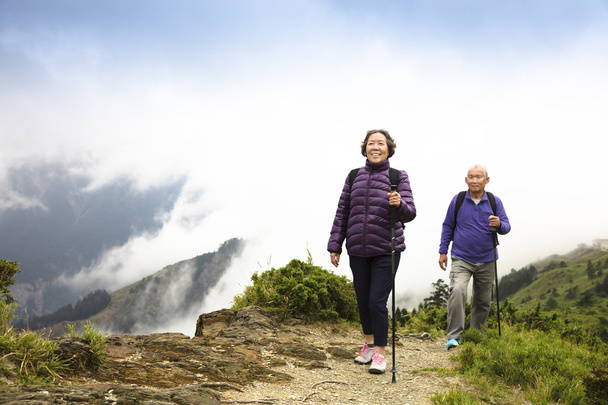 happy asian senior couple hiking on the mountain - Photo, Image