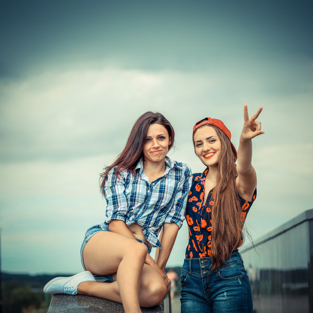 Two positive hipsters girlfriends - Photo, Image