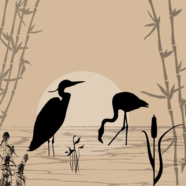 Heron and flamingo silhouettes - Vector, Image