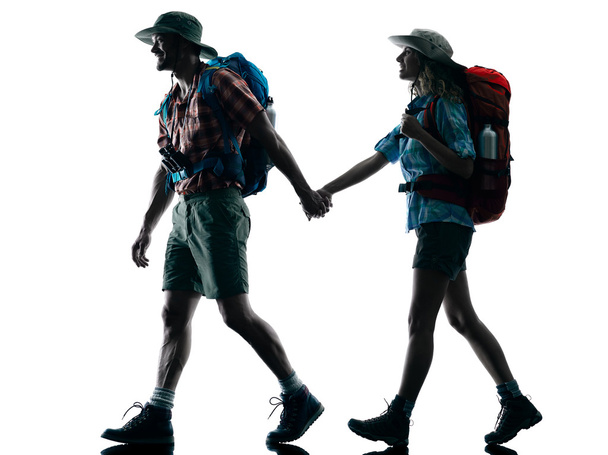 couple trekker trekking walking nature silhouette - Fotoğraf, Görsel