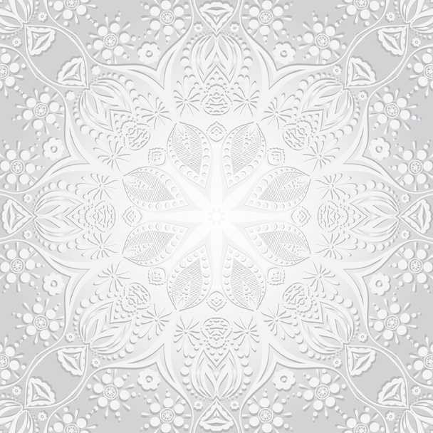 Vector illustration. Flower circular pattern. A stylized drawing. Mandala. Stylized lace pattern. Indian floral ornament and pattern. Delicate white floral background for greeting cards, labels. - Vector, Imagen