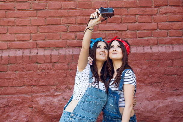 Gêmeos meninas tomando selfie com câmera
 - Foto, Imagem