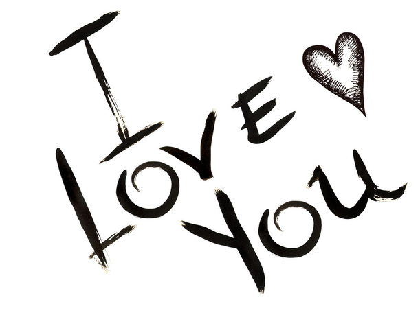 Handgetekende inscriptie '' I Love You'' en kleine kern gevormd door zwarte inkt op een witte achtergrond - Foto, afbeelding