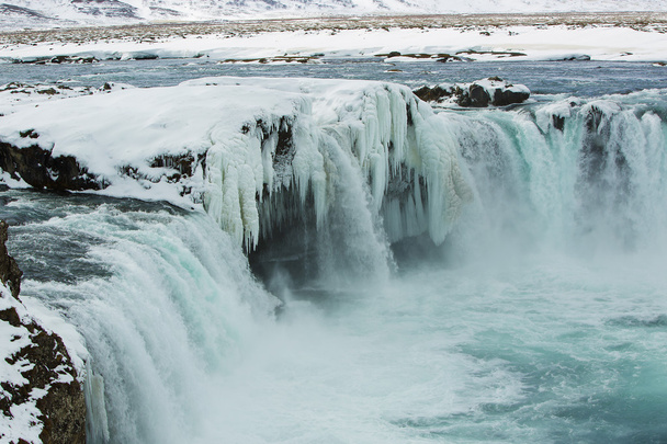 Nahaufnahme von gefrorenem Wasserfall godafoss, Island - Foto, Bild