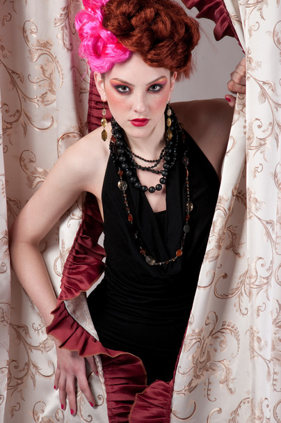 Closeup portrait of fashion woman posing with silck fabric - Zdjęcie, obraz