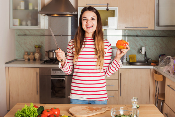 Young Woman Cooking Vegetable Salad.  Dieting Concept. Healthy f - Fotoğraf, Görsel