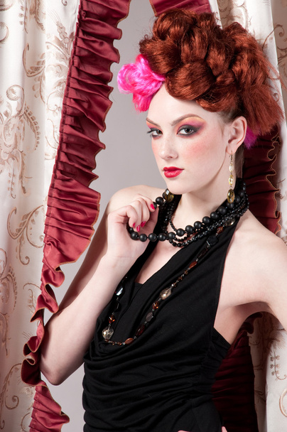 Closeup portrait of fashion woman posing with silck fabric - Фото, изображение