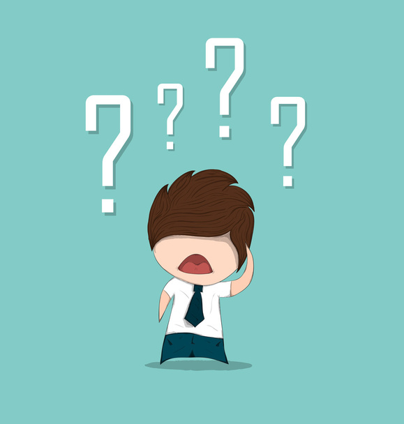 Confusing cute business man with question marks above his head, - Vector, Image