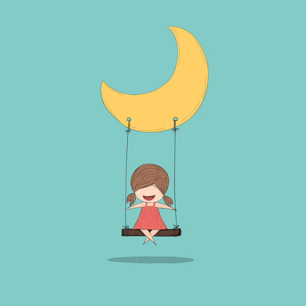 Cartoon meisje swingen op een maan, met de hand vector tekening - Vector, afbeelding